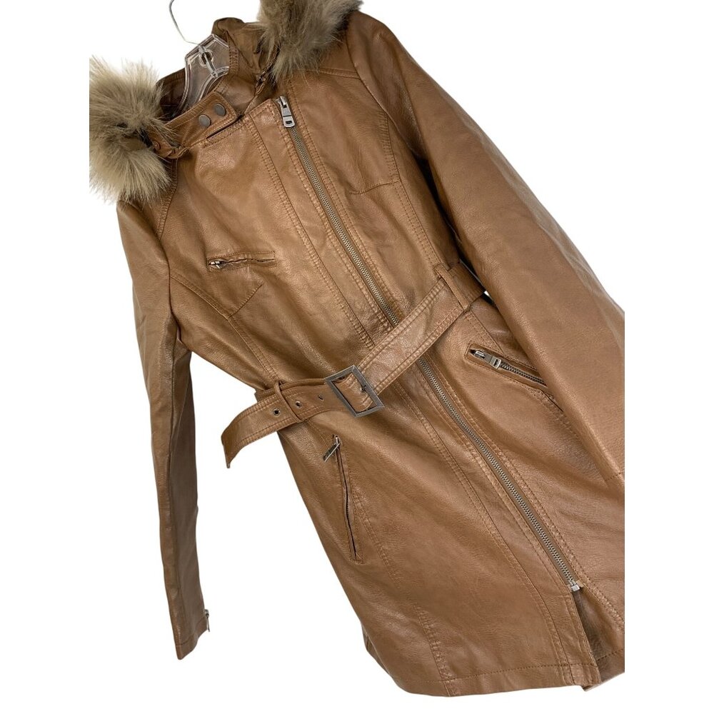 NWT LA Coalition Brown Faux Leather Coat Fox Fur Trim Hood Size S NWT RDD10672